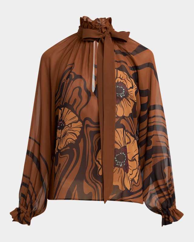 Cerere Long-Sleeve Silk Chiffon Blouse